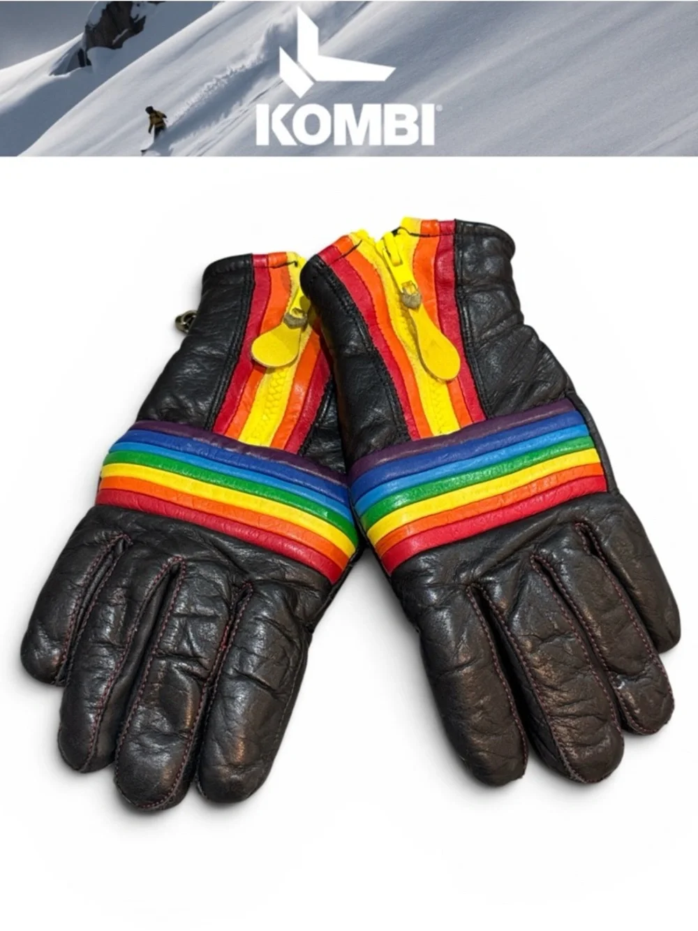 VINTAGE KOMBI RAINBOW STRIPE LEATHER SKI GLOVES BLACK RETRO 70s MADE IN JAPAN